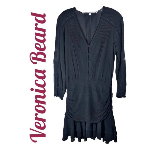 VERONICA BEARD SARASOTA DRESS LBD LONG SLEEVE RUCHED SKIRT MINI LACE TRIM SIZE 2 - Picture 2 of 15